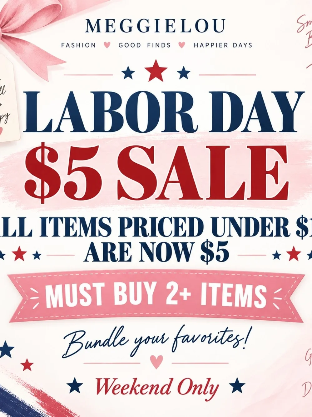 Labor Day $5 Sale Poster - Pink, Red & Navy Party Sign